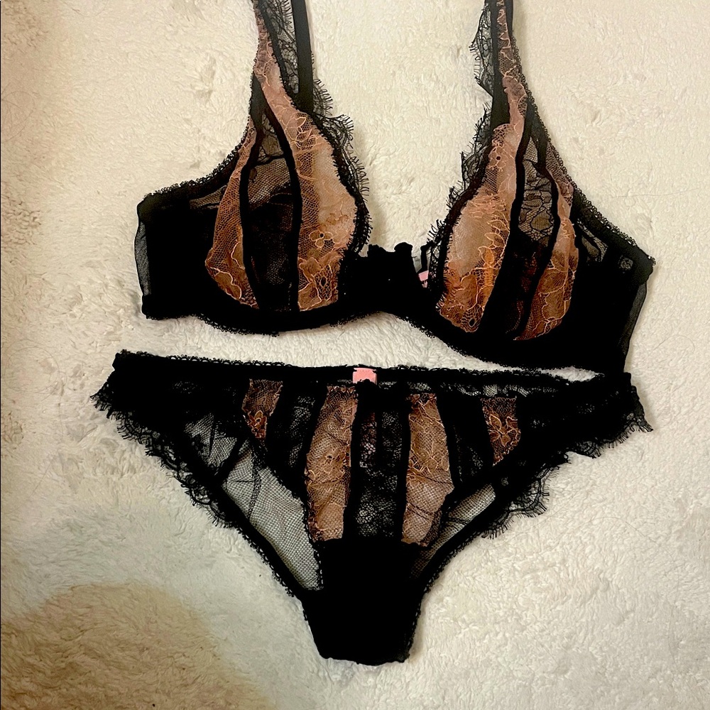 Elegant Black and Tan Lace Lingerie Set 36 b and s panty  sexy lace …